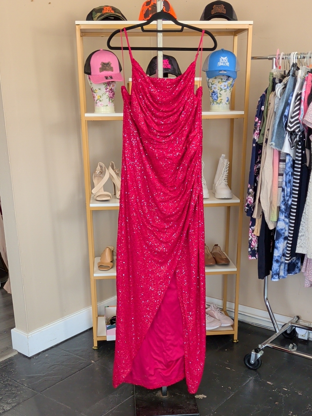 Sparkling Red Sequin Cowl Neck Evening Dress